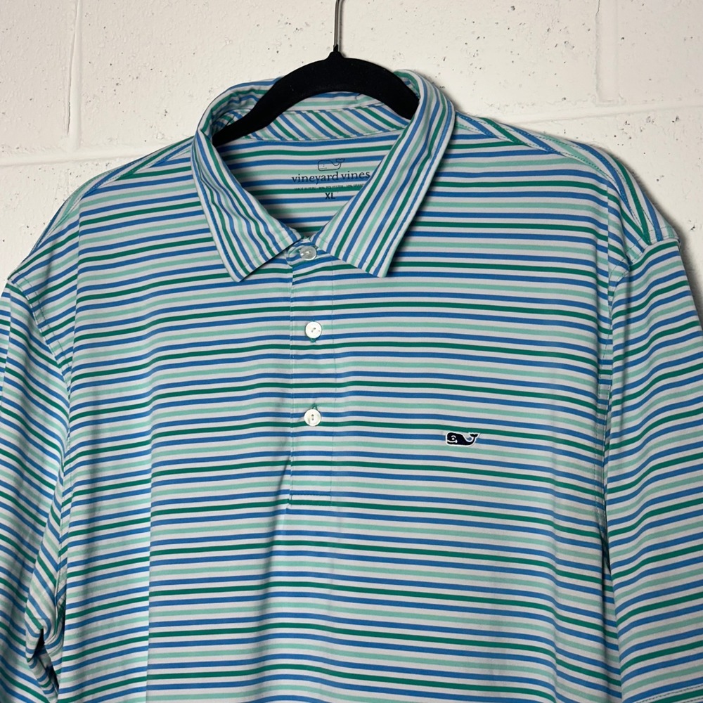 Vineyard Vines Mens XL Striped Performance Polo Shirt Blue Green Short Sleeve